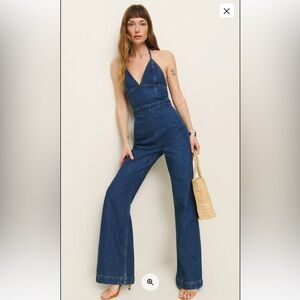 Reformation Lennon jumpsuit Blue Flare Wide Leg Jeans